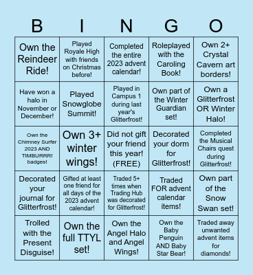 Royale High Glitterfrost Bingo Card