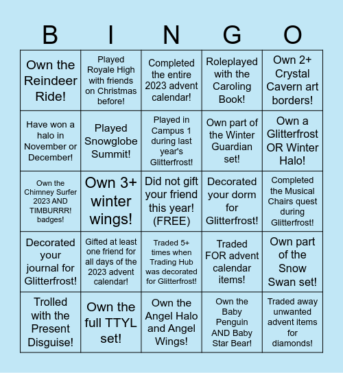 Royale High Glitterfrost Bingo Card