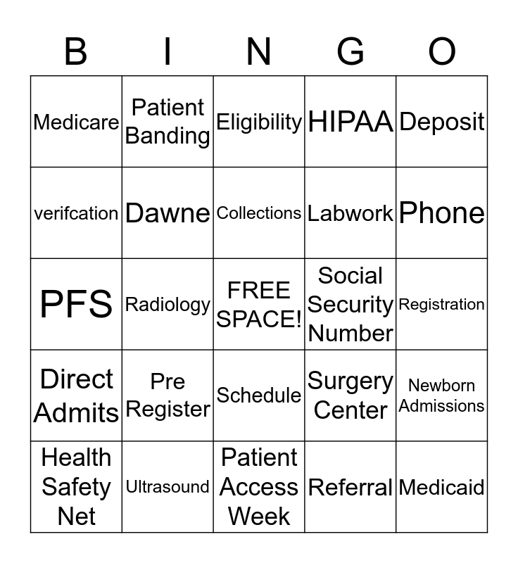 Patient Access Week BINGO Card