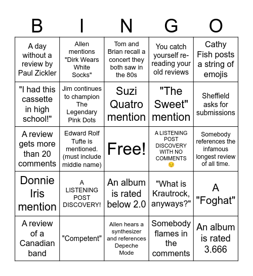 The Listening Post Bingo Card