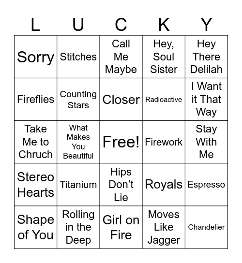 Vosburgh’s Pop Song Bingo Card