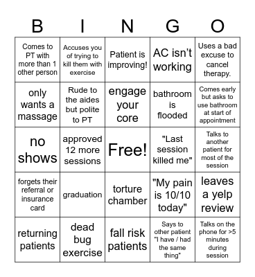 Physical Therapy Bingo Card