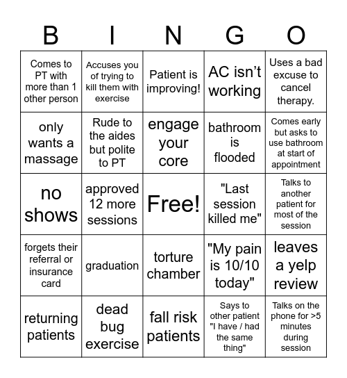 Physical Therapy Bingo Card