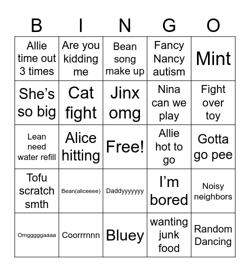 Kay house bingo Card