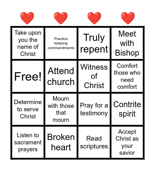 Baptism Bingo Card