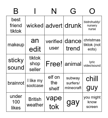 tiktok bingo Card
