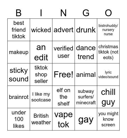 tiktok bingo Card