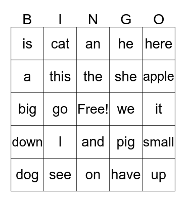 Sight Words 1 Bingo Card