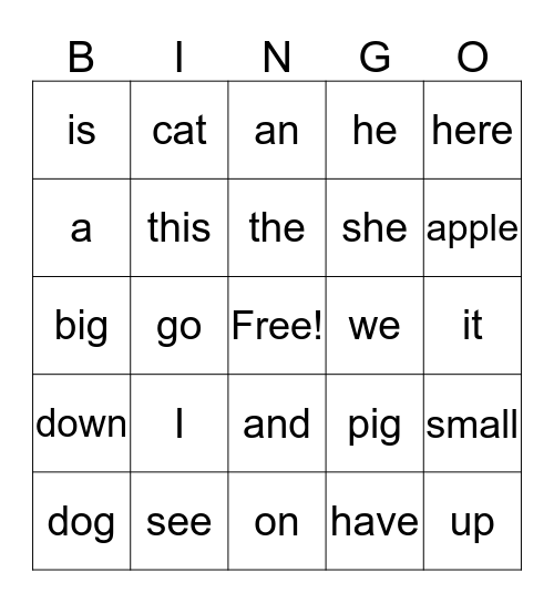 Sight Words 1 Bingo Card