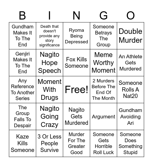 Killing Game Bingo Card