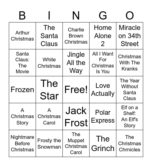 Christmas Movie Bingo Card