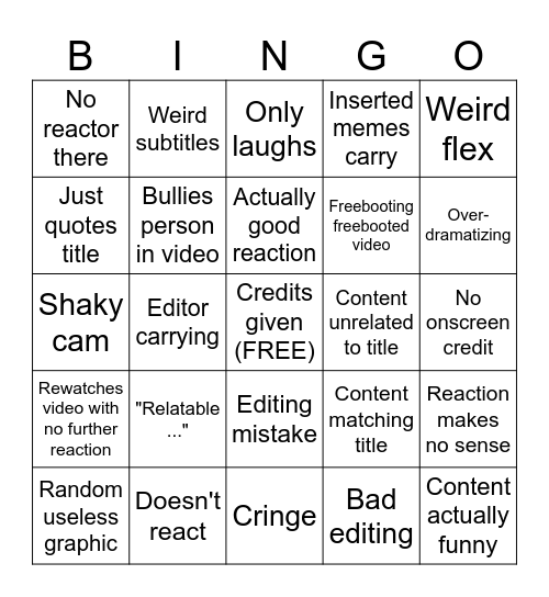 Reaction Bingo (like Jacksfilms) Bingo Card