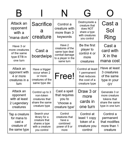 Kindred Bingo Card