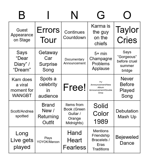 Eras Tour N2 Bingo Card