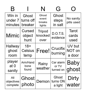 Phasmophobia bingo Card