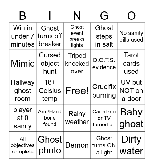 Phasmophobia bingo Card