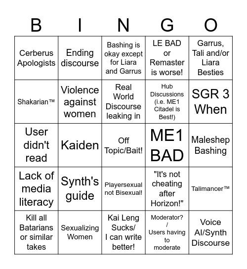 Mass Effect Discord Takes Bingo Card