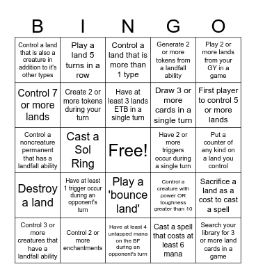 Landfall Bingo Card