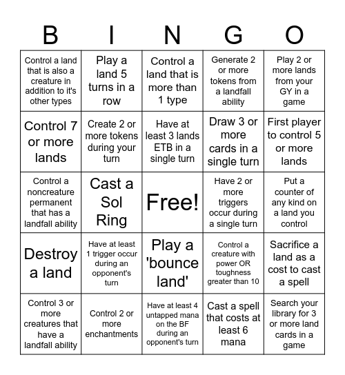 Landfall Bingo Card