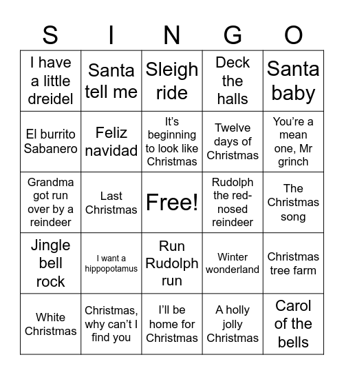 Holiday SINGO Bingo Card