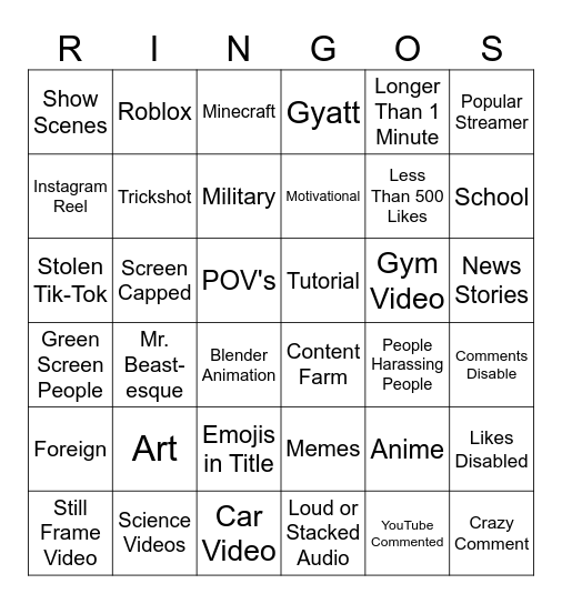 Youtube Shorts Bingo Card