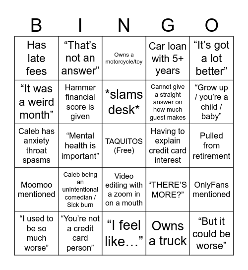 Caleb Hammer’d Bingo v2 Bingo Card