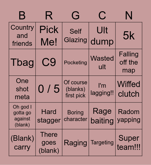 'B'ingo 'R'eaction 'G'ame Bingo Card