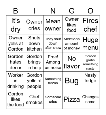 Kitchen Nightmares Bingo Card