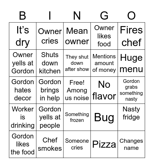 Kitchen Nightmares Bingo Card