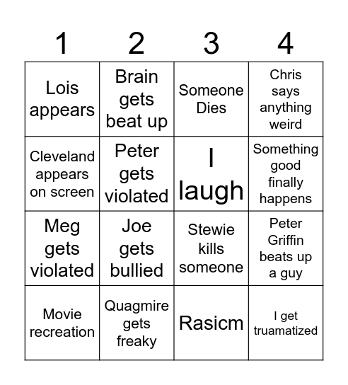 Family Guy Offensive Humor Bingo Board Bingo Card