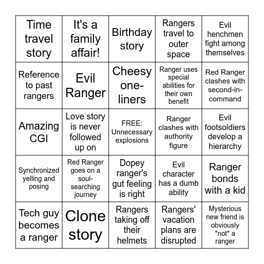 Power Rangers Bingo Card