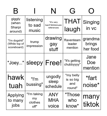 Kali Bimgo Bingo Card