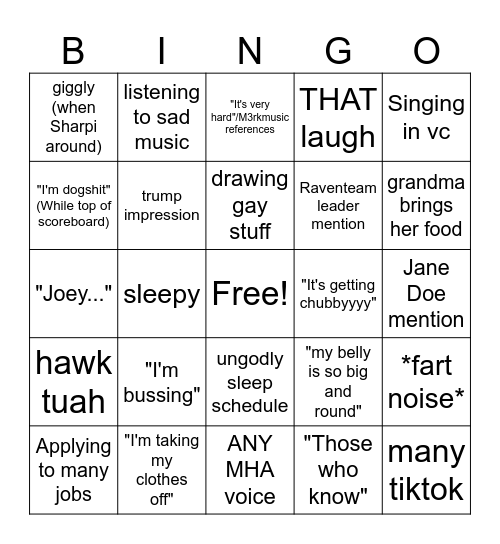 Kali Bimgo Bingo Card