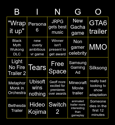 The Game Awards 2024 Bingo Card