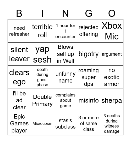 LFG Bingo Card