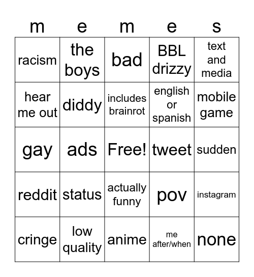 memes Bingo Card
