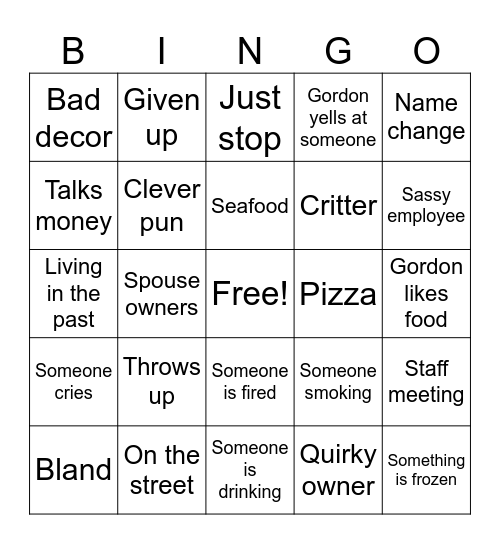 Kitchen Nightmares Bingo Card