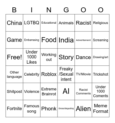 Instagram bingo Card
