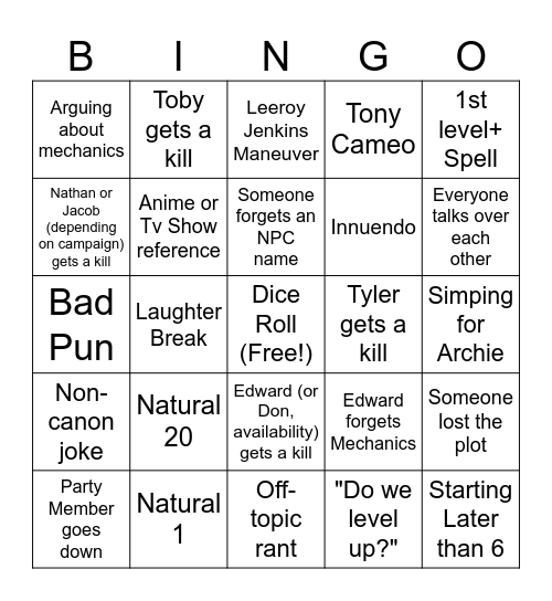 D&D Bingo with the Guys Bingo Card