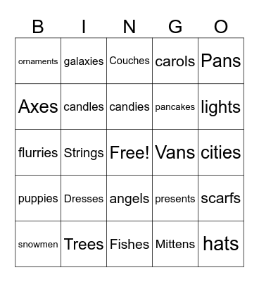 Christmas Plurals Bingo Card