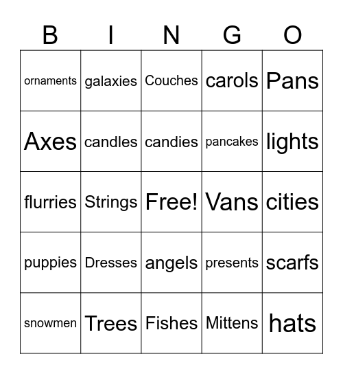 Christmas Plurals Bingo Card