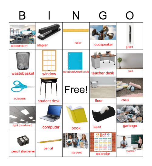 School Supply 38 words Bingo Card