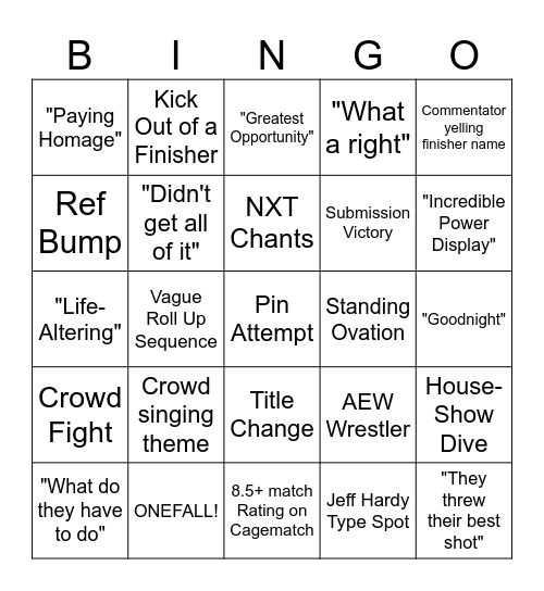 WWE NXT Bingo Card