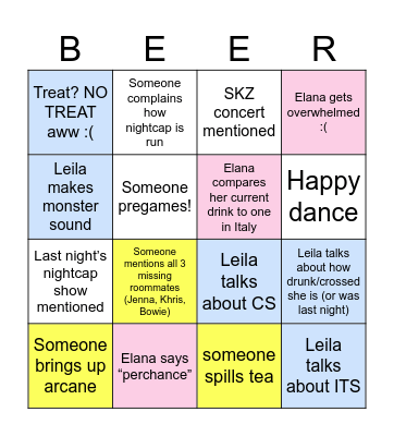 Gwen’s Bar Crawl Bingo Card