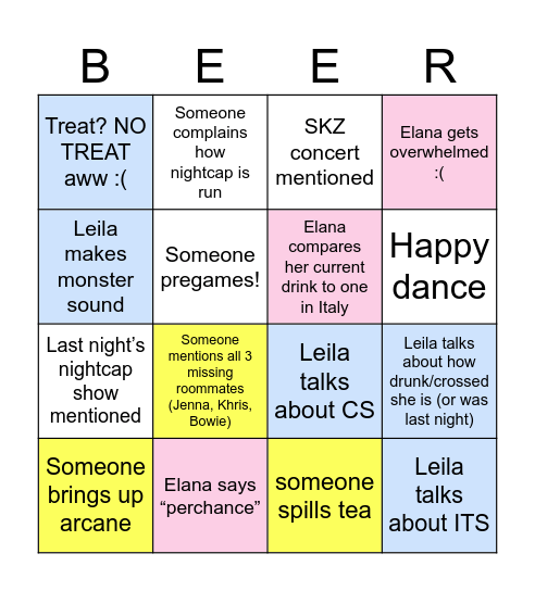 Gwen’s Bar Crawl Bingo Card