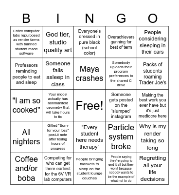 [My college] Finals Week Bingo Card