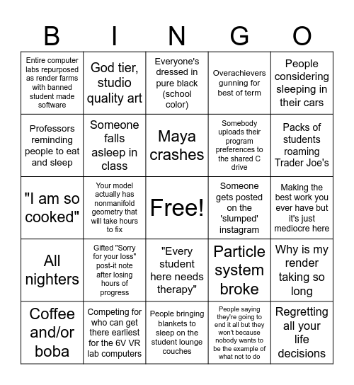 [My college] Finals Week Bingo Card