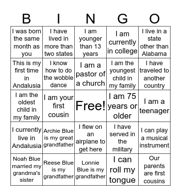 Blue Family Reunion  Bingo Card