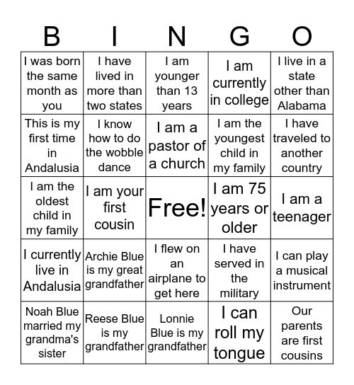 Blue Family Reunion  Bingo Card