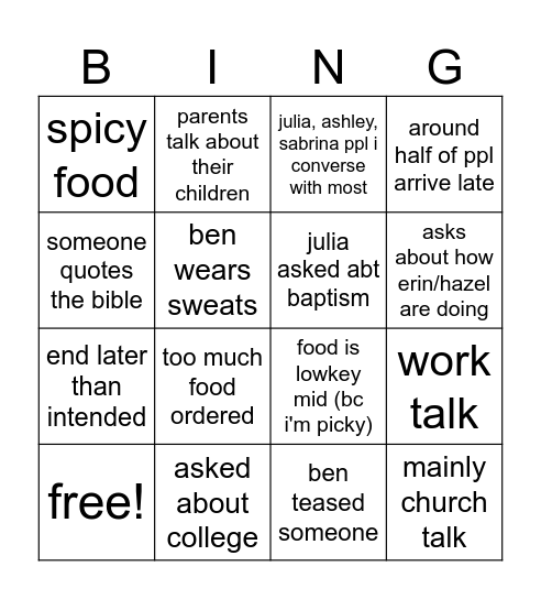 12/8 EM leaders dinner Bingo Card